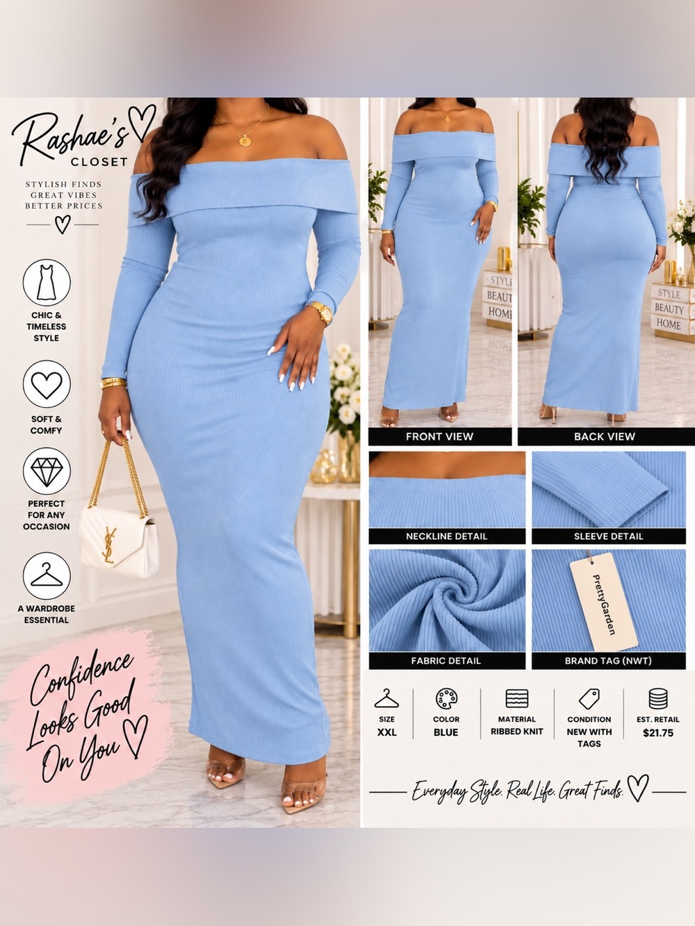 Off-Shoulder Ribbed Knit Maxi Dress in Blue
